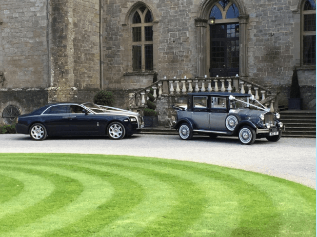 viscount and rolls royce phantom outside wedding venue